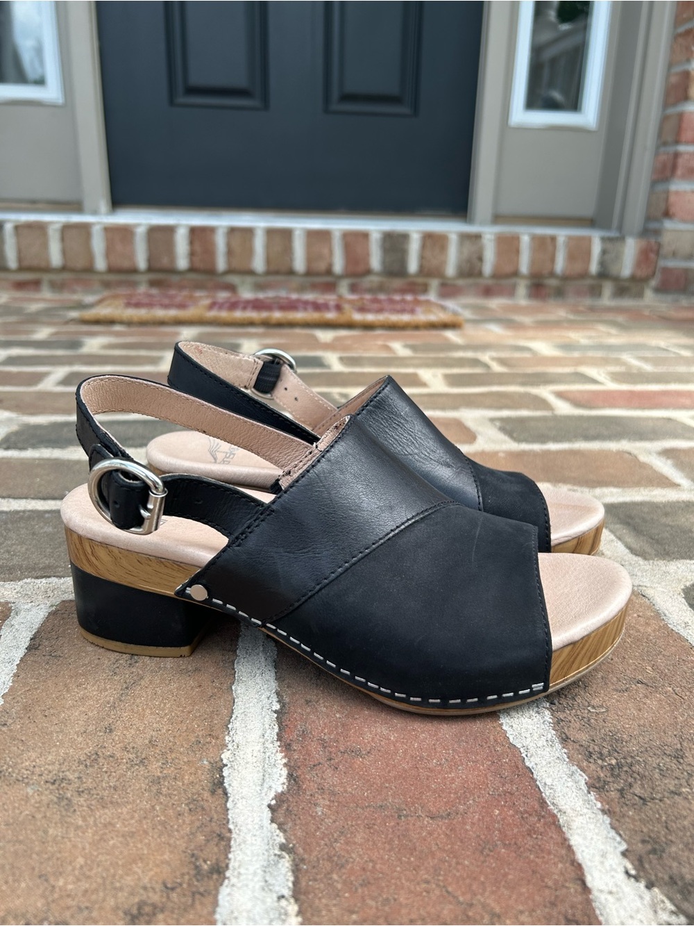Dansko Madalyn Black Burnished Leather Peep Toe Slingback Sandals 36